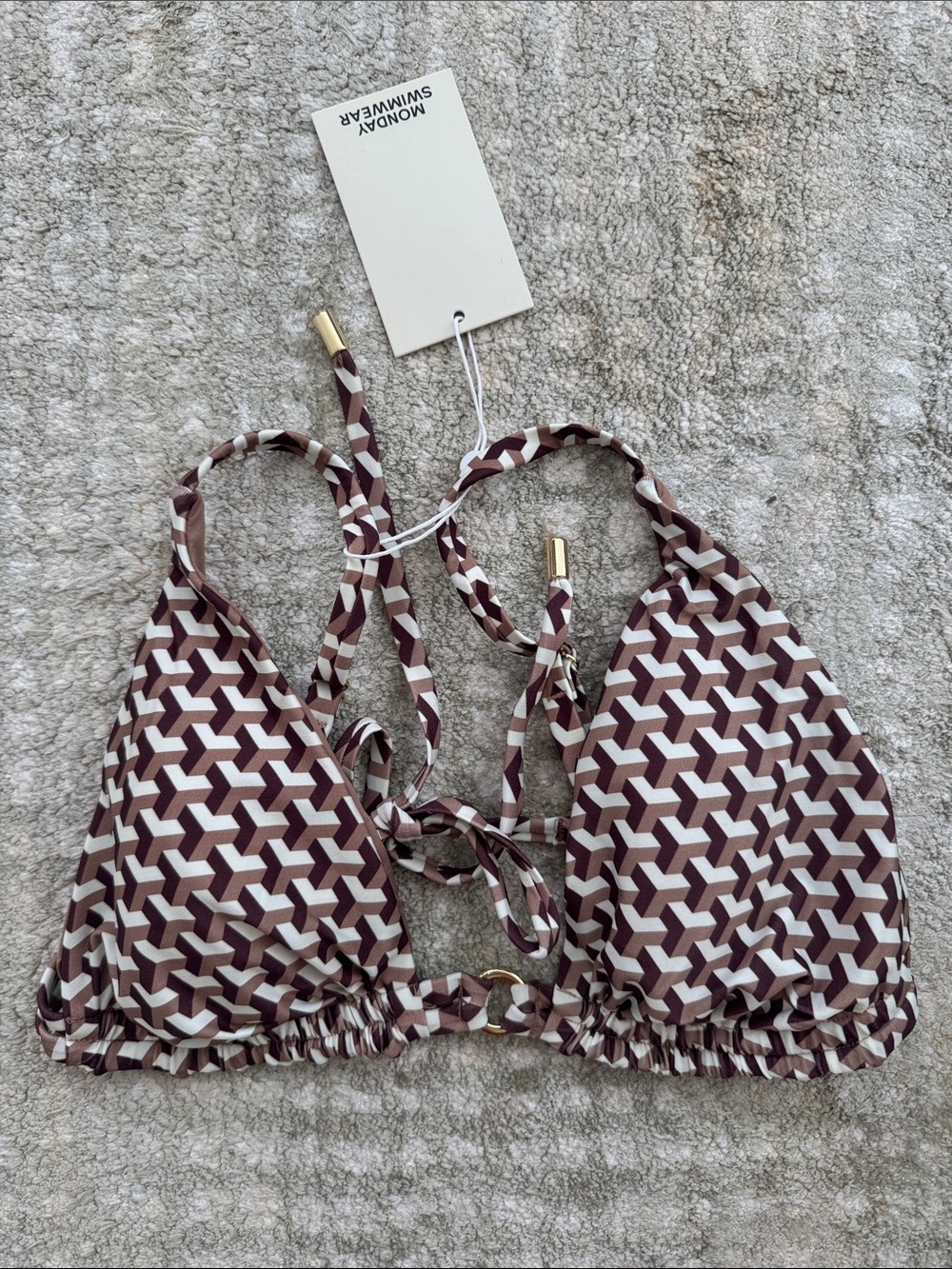Monday Swimwear Havana Brown and Cream Geometric Triangle Top